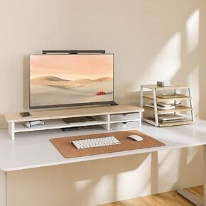Fenge Dual Monitor Riser with Drawer & 4 Tier Desktop Organizer, Oak