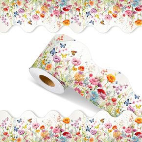 65 Feet Blue Floral Bulletin Board Borders Blue Flower Bulletin Border Board Blackboard Chinoiserie Straight Wavy Scalloped Trim Borders for Classroom Office Home Decor