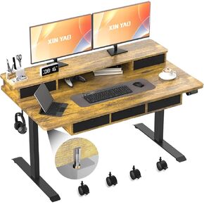 Electric Standing Desk with 5 Drawers, 48x24 Inch Height Adjustable Sit Stand Up Desk with Storage Ergonomic Rising Table with Wheels for Home Office