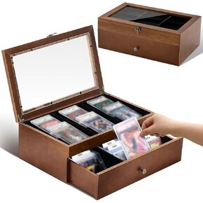 Marsui Trading Card Storage Box, 70+ Graded Wood Storage Box with Custom Drawer, Sports Display Case with Large Clear Window, with 4 Card Supporters and 12 Dividers for TCG Collection