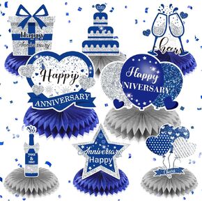 8Pcs Happy Wedding Anniversary Decorations Blue Silver Anniversary Table Honeycomb Centerpiece Anniversary Table Toppers Party Supplies for Adult 10th 20th 30th 40th 50th 60th Anniversary Table Decor