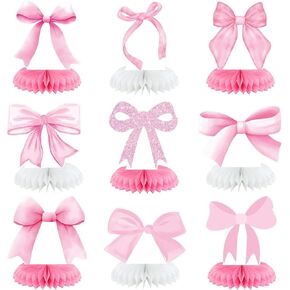 9 PCS Pink Bow Honeycomb Centerces - ديكورات حفلات Coquette لعيد الميلاد ، العازبة ، دش الزفاف ، ديكور الحفلات ذات الطابع الوردي