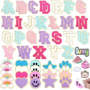 77 pcs Self Adhesive Chenille Patches, 52 A-Z Varsity 2.1 inch Letter Patches,25 pcs Cute Glitter Chenille Sticker for Clothes Hats Laptop Phone Case Fridge Embroidered Applique