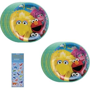 Sesame Street Baby Shower Party Partle Bundle تشمل 16 لوحة من ورق الغداء وملصقات ملصق ديناصور واحدة