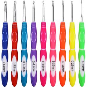Koknit 9 PCS Crochet Hooks Set ، B (2mm) - J (6mm) مقابض كروشيه مريحة مع خطاف في الحلق العميق ، أفضل هدية للأحباء