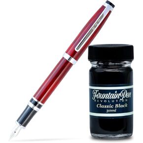 Fountain Pen Revolution Ambassador Burgundy Fountain Pen W/Ultra Flex Nib - مجموعة قلم فاخرة تشمل زجاجة حبر أسود ، محول ملء الزجاجة ، و 2 خراطيش طويلة