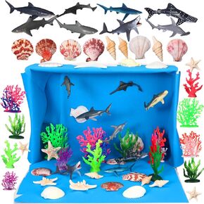 SRATTE 26 PCS SEA Animal Figures 8 Shark Fommance Toys 8 Seaweed Coral 7 Shell 3 Starffish for Cake Topper Party Gifts Diorama Projects
