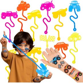 36PCS Monster Truck Party Party Favors - 24pcs الوشم المؤقتة 12pcs لزجة لزجة مستلزمات عيد ميلاد مثالية للأطفال