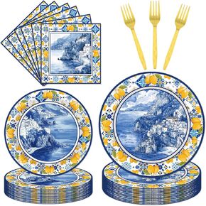 96 PCS Amalfi Coast Party Decorations ، Capri Lemon Plates and Napkins Tableware Set ، Capri Lemon Party Supplies for Kids Birthday Baby Dame ،