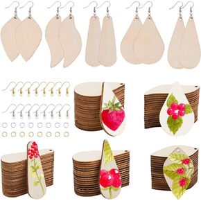 Sunnyclue 300pcs 5 أشكال الأشكال غير المكتملة من أدوات الفراغات الخشبية غير المكتملة من الخشب غير المكتمل معلقات كبيرة مع معلقات مع ثقب مع خطافات 100pcs حلق 100pcs لحلقات القفز لمجوهرات DIY صنع هدايا عيد ميلاد