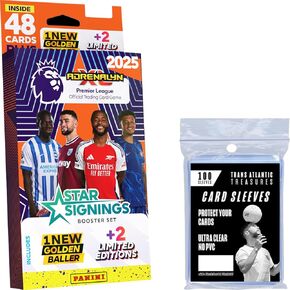 توقيعات Panini Adrenalyn Star + 100 واقية من البطاقات ، بطاقات تداول كرة القدم في الدوري الإنجليزي الممتاز ، 48 بطاقة بالإضافة إلى 2 محدودة دومينيك سولانكي و Matthhijs de Ligt + Baller Golden Baller Federico الحصري