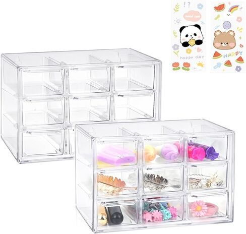 2 Pcs Acrylic Clear Stackable Storage Drawers, Desk Storage Organizer with 9 Mini Drawers, Removable Storage Box with Sticker for Makeup Jewelry Bathroom Craft Supplies (2Pc-9Drawers) in Saudi Arabia