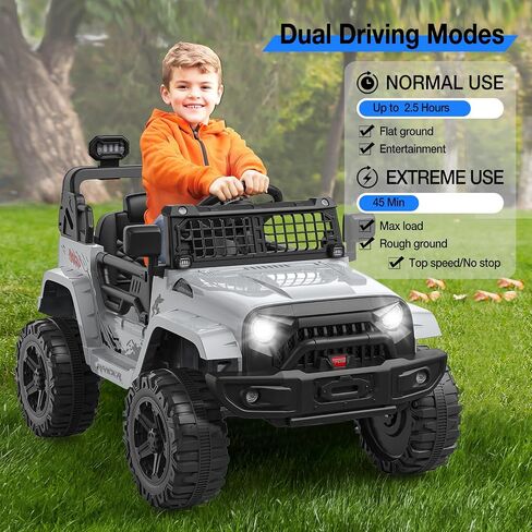 12V Kids Ride On Truck, Toddlers Battery Powered Electric Vehicle with Remote Control, Ride On Toy Car with 3 Speeds, Spring Suspension Headlight, Music for Boys Girls 3-8, Gray in Saudi Arabia