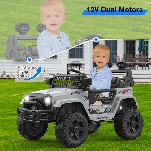 12V Kids Ride On Truck, Toddlers Battery Powered Electric Vehicle with Remote Control, Ride On Toy Car with 3 Speeds, Spring Suspension Headlight, Music for Boys Girls 3-8, Gray in Saudi Arabia