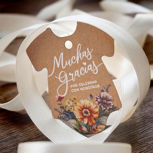 Summer-Ray 50pcs Baby Onesie Baby Shower Favor Thank You Tags Muchas Gracias Tags (White Linen) in Kuwait