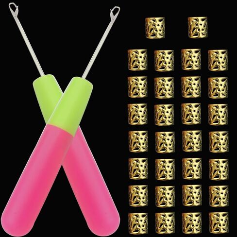30 PCS Gold Hair Cuffs +2 PCS Crochet Hook Braiding Hair for Crochet Braids Loc Jewelry for Black Women in Kuwait