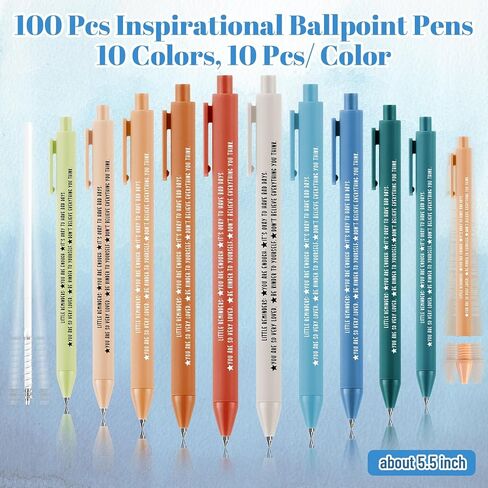 100 Pcs Inspirational Pens Gifts Bulk Mental Health Motivational Quotes Ballpoint Pens Black Ink Thank You Appreciation Gifts for Women Employee Graduation End of the School Year, 10 color in Kuwait