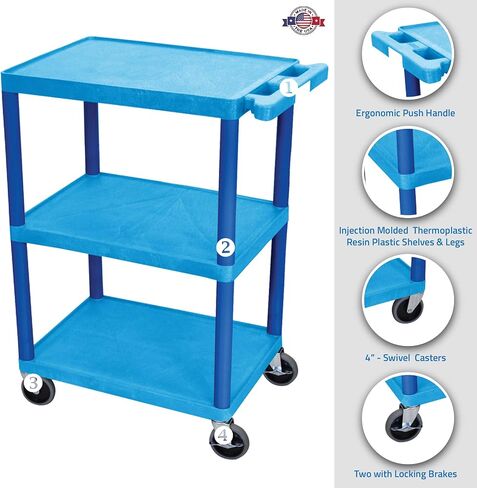 LUXOR HE34-BU Utility Cart - 3 Shelves Structural Foam Plastic, Four 4" Casters, Two with Locking Brake, Ergonomic Push Handle, 24"W x 18"D x 34"H, Offices, Classrooms in Saudi Arabia