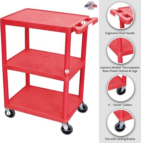 LUXOR HE34-BU Utility Cart - 3 Shelves Structural Foam Plastic, Four 4" Casters, Two with Locking Brake, Ergonomic Push Handle, 24"W x 18"D x 34"H, Offices, Classrooms in Saudi Arabia
