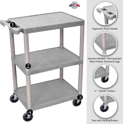 LUXOR HE34-BU Utility Cart - 3 Shelves Structural Foam Plastic, Four 4" Casters, Two with Locking Brake, Ergonomic Push Handle, 24"W x 18"D x 34"H, Offices, Classrooms in Saudi Arabia