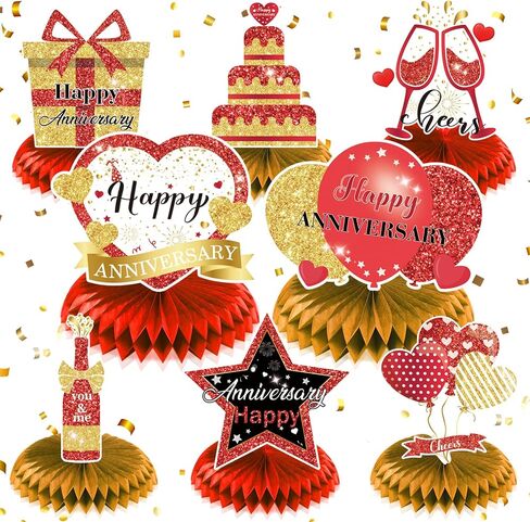 8Pcs Happy Wedding Anniversary Decorations Blue Silver Anniversary Table Honeycomb Centerpiece Anniversary Table Toppers Party Supplies for Adult 10th 20th 30th 40th 50th 60th Anniversary Table Decor in Saudi Arabia