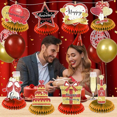 8Pcs Happy Wedding Anniversary Decorations Blue Silver Anniversary Table Honeycomb Centerpiece Anniversary Table Toppers Party Supplies for Adult 10th 20th 30th 40th 50th 60th Anniversary Table Decor in Saudi Arabia
