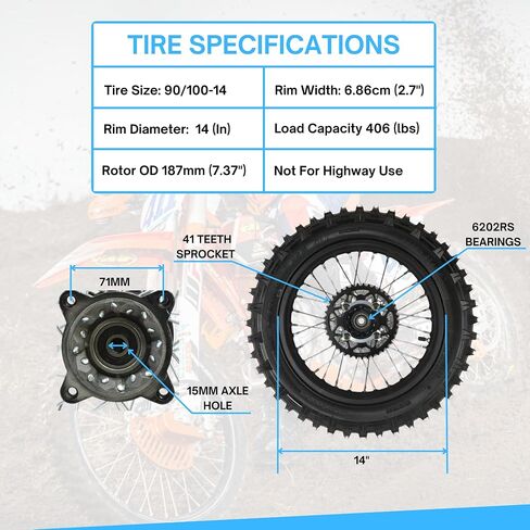 14" Rear Wheel Rim Tire Assembly For Dirt Pit Bike Trail 90/100-14 Rear Wheel Rim Tire Fits 125/140/150/160cc Pit Dirt Bike KLX65 Apollo Includes Brake Rotor and Sprocket in Kuwait