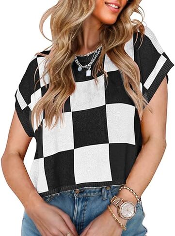 Womens Cap Sleeve Tops Trendy Color Block Tank Top Loose Fit Crew Neck Knit Casual Sweater Spring Summer Tops in Kuwait