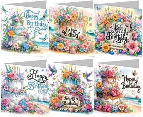 pigpigboss 6 Packs Happy Birthday Diamond Painting Greeting Cards with Envelop, Birthday Cake Diamond Art Cards, Flower Bird Butterfly Diamond Greeting Card Arts Kit for Birthday in Kuwait