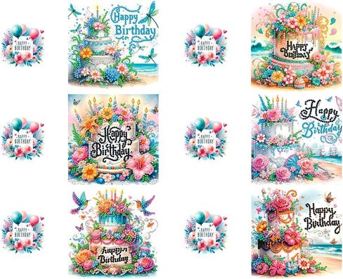pigpigboss 6 Packs Happy Birthday Diamond Painting Greeting Cards with Envelop, Birthday Cake Diamond Art Cards, Flower Bird Butterfly Diamond Greeting Card Arts Kit for Birthday in Kuwait