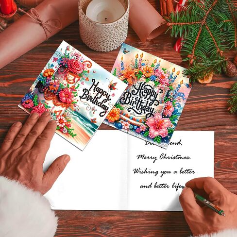pigpigboss 6 Packs Happy Birthday Diamond Painting Greeting Cards with Envelop, Birthday Cake Diamond Art Cards, Flower Bird Butterfly Diamond Greeting Card Arts Kit for Birthday in Kuwait