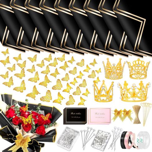 338Pcs Flower Bouquet Wrapping Paper Kit, Waterproof Floral Wrapping Paper Florist Bouquet Supplies with Crowns Butterfly Flower Pins Greeting Cards and Ribbons for Birthday Wedding DIY Craft（Black） in Saudi Arabia