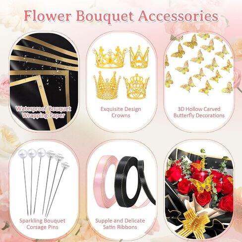 338Pcs Flower Bouquet Wrapping Paper Kit, Waterproof Floral Wrapping Paper Florist Bouquet Supplies with Crowns Butterfly Flower Pins Greeting Cards and Ribbons for Birthday Wedding DIY Craft（Black） in Saudi Arabia