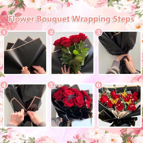338Pcs Flower Bouquet Wrapping Paper Kit, Waterproof Floral Wrapping Paper Florist Bouquet Supplies with Crowns Butterfly Flower Pins Greeting Cards and Ribbons for Birthday Wedding DIY Craft（Black） in Saudi Arabia