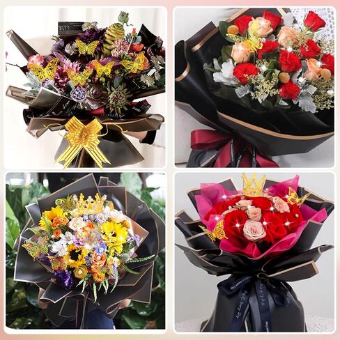338Pcs Flower Bouquet Wrapping Paper Kit, Waterproof Floral Wrapping Paper Florist Bouquet Supplies with Crowns Butterfly Flower Pins Greeting Cards and Ribbons for Birthday Wedding DIY Craft（Black） in Saudi Arabia