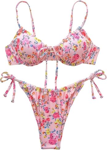 WDIRARA Women's 2 Pieces Bikini Sets Floral Print Spaghetti Strap Thong Swimsuits Bathing Suit in Saudi Arabia