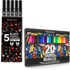 Zenacolor 20 Fabric Markers + 5 Dual-Tip Black Fabric Markers Permanent for Clothes