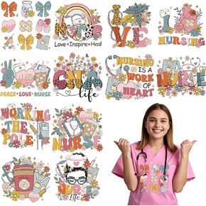Nurse Iron on Transfers for T-Shirts, 12 PCS Nurse DTF Transfers Ready to Press, Inspirational Iron on Patch Decals, Heat Transfer Vinyl for Bag Clothing DIY Craft