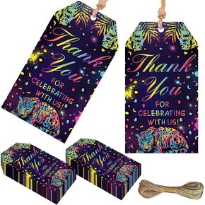 50pcs Neon Leopard Birthday Party Thank You Tags Rainbow Cheetah أعياد الميلاد ، علامات هدية معلقة على علامات العلامات للبنين فتيات استحمام زفاف الزفاف الزفاف اللوازم