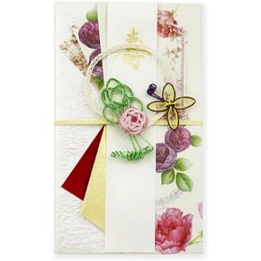 Frontia Shugi Bukuro Japanese Traditional Money Gift Envelope Wedding Washi Mizuhiki Handmade (Pink Rose Butterfly/Rhinestone)
