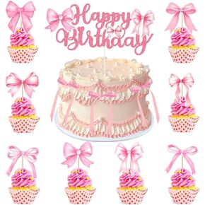Pink Bow Cake Topper with Bow Themed Cupcake Toppers for Baby Shower Girls Pink Bow Coquette Birthday Decorations