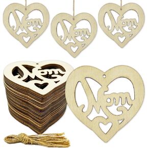 30 PCS Mom Wood Crafts Diy Mom Wooden Mom Mom Heart Shapping Withing With Hole Hemp Home Hights For Happy Mothet's Day's Mom's Party Decoritations