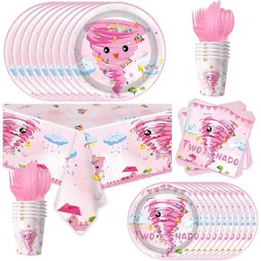 81PCS PINK TORNADO موضوع أدوات المائدة الطاولة مجموعة الوردي اثنين من حفلات عيد ميلاد NADA مستلزمات حفلة إعصار