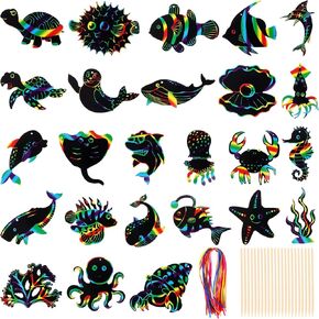 100 PCS Sea World Threat Cards Scratch Cards Color Rainpow Clats Scratch Card Card Sea Animals Scratch Party Party Party Kit مع 100 شريط خشبي لصالح الحفلات DIY Decord Home Decor