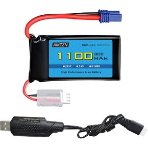 7.4V 1100mAh 2S Lipo Battery with EC2 Plug and USB for UTB18 RC Car, 4WD Unlimited Off-Road High-Performance Climbing Vehicle Battery Accessories (1PCS Battery+1USB)
