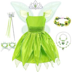 فساتين الأميرة الجنية الخضراء للفتيات Tinker Bell Assplay CoSplay Dress Up with Wing and Associal