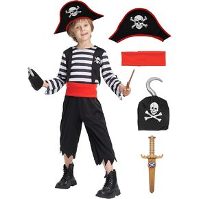 IKALI Pirate Costume for Kids Boys,Toddler Pirate Role Play Dress Up with Bandana, Cutlass, Hat 3-10 Years