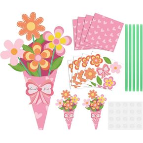 Fysuimu 24 مجموعة الحرف اليدوية لأمهات الأطفال Boho Daisy Bouquet Craft Kit Make Your Flower Bourquet مع Pink Heart Paper Straw For Mother's Teacher Gift Gift