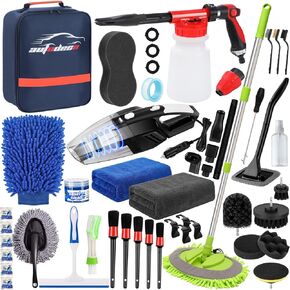 AUTODECO 33Pcs Car Wash Detailing Kit Cleaning Kits with Foam Gun Sprayer Brush Large Wash Mitt Towels Complete Interior Exterior Car Washing Supply Set Blue