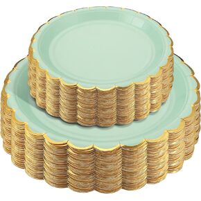 Tanlade 100 PCS Sage Green Paper لوحات 9 بوصات و 7 بوصات لوحات عشاء قابلة للتخلص من الأسقلوب